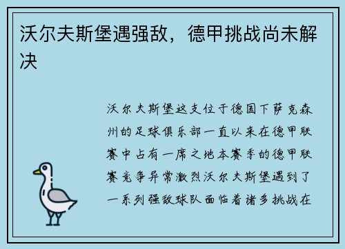 沃尔夫斯堡遇强敌，德甲挑战尚未解决