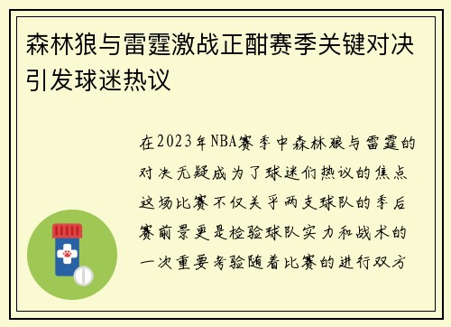 森林狼与雷霆激战正酣赛季关键对决引发球迷热议