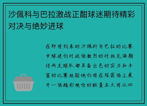 沙佩科与巴拉激战正酣球迷期待精彩对决与绝妙进球